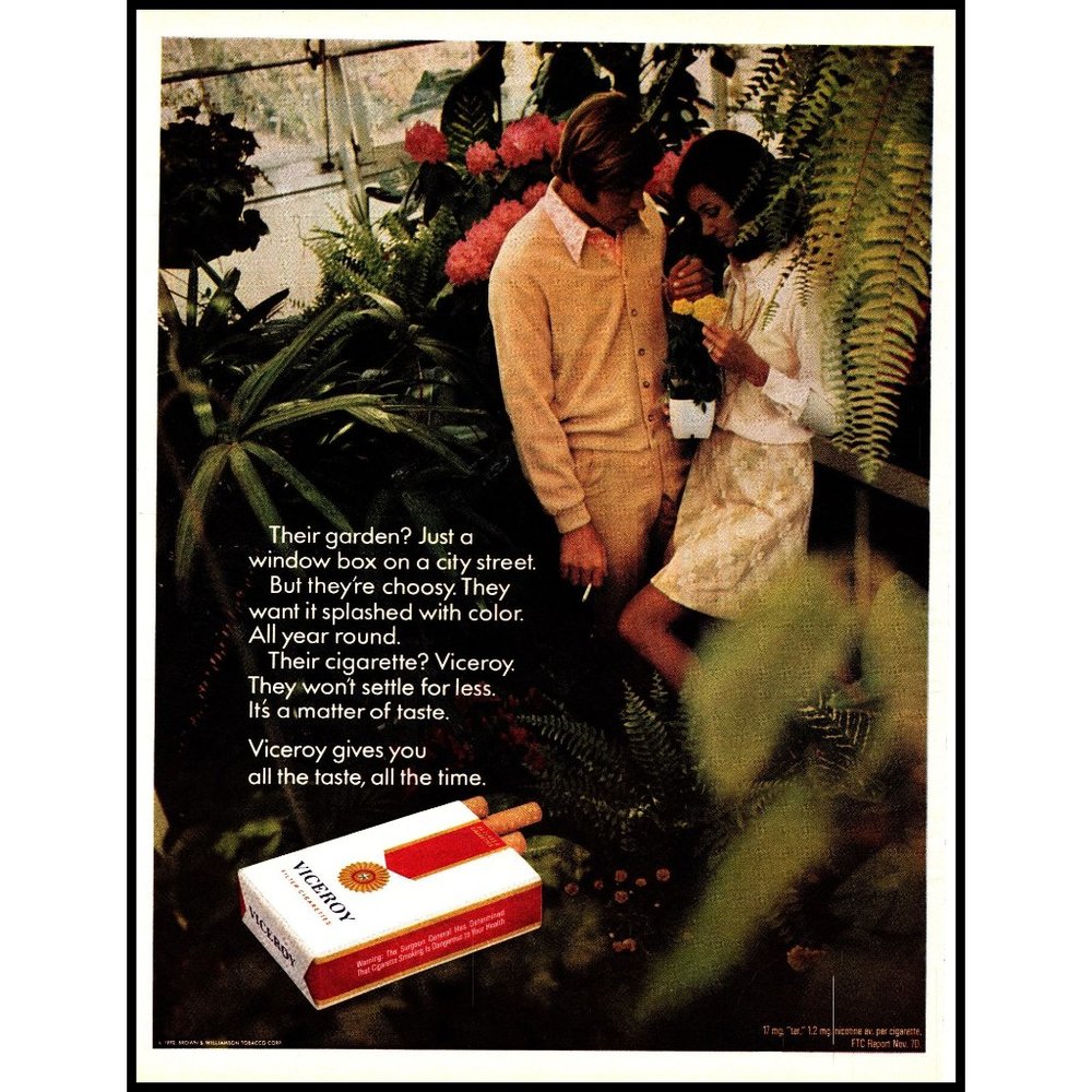 1971 Viceroy Cigarettes Vintage Print Ad Couple Greenhouse Brunette Wall Art 70s